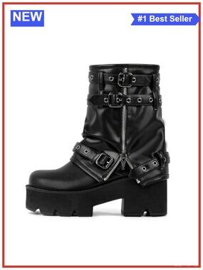 Platform Ankle Boots Punk Block Heel Faux Leather Motorcycle Booties